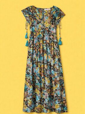 Connor And Blake V Neck Blue Floral & Animal Print Maxi  with Side Ties (L)